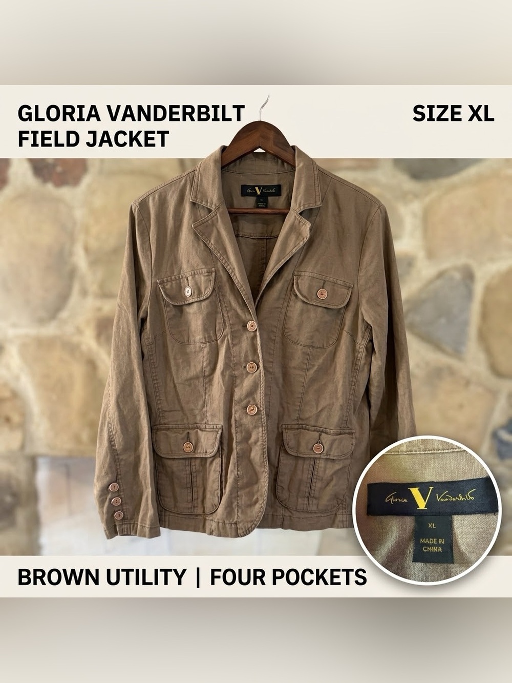Gloria Vanderbilt Brown 4-Pocket Military Field Utility Jacket Size XL